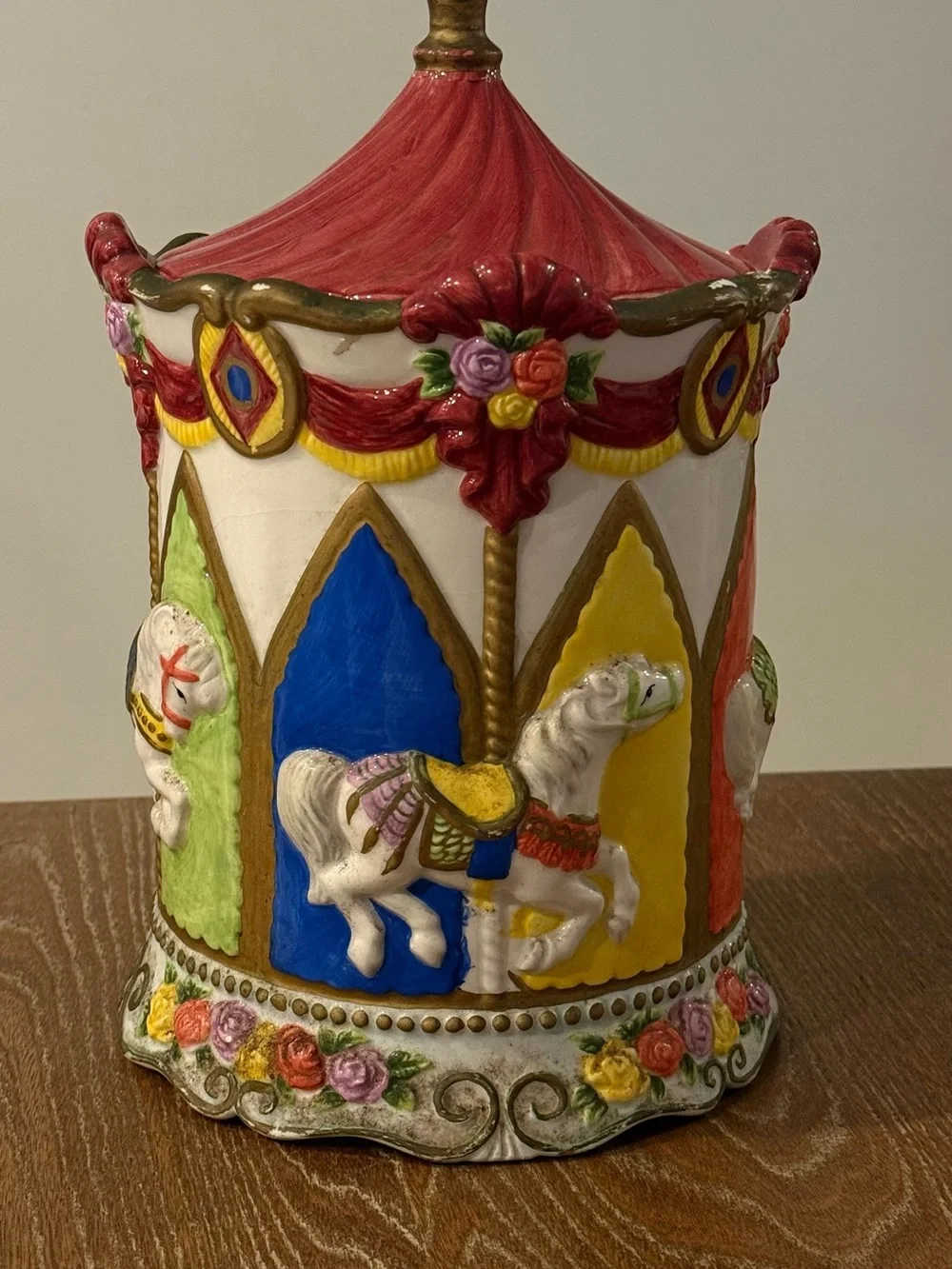 Vintage 1980s Carousel Cookie Jar Ceramic Circus Canister Colorful Kitchen Decor